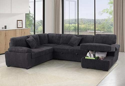 Image of ERYE Oversized U-Shaped Pull Out Sleeper Couch Bed, Modern U Shaped Sleeper Sectional Sofa Corduroy Corner Convertible Sofa Bed with Storage Chaise Lounge for Living Room