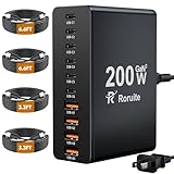 USB C Charging Station 10 Port with 4 USB Cables, 200W GaN Type C Charger Block, Wall Charger Power Strip Adapter Plug for iPad iPhone17 16 15 14 13 12 Pro Max Pixel Note Galaxy