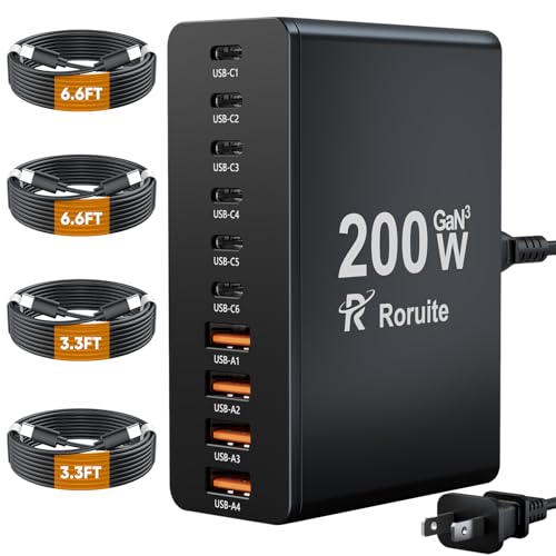USB C Charging Station 10 Port with 4 USB Cables, 200W GaN Type C Charger Block, Wall Charger Power...