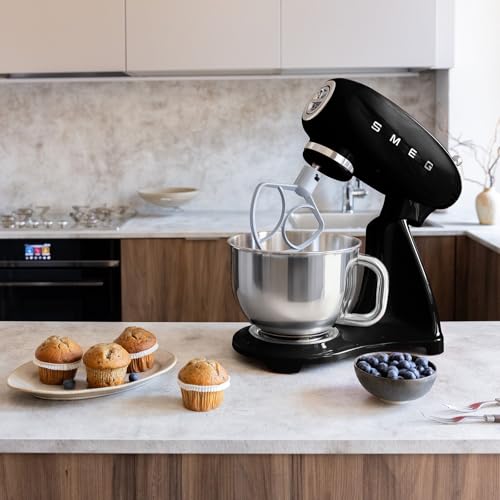 Image of SMEG SMF05 Forte 5-Qt Stand Mixer with 750W Motor, Smooth Start & SteadyMix, Flex Edge Beater, 10 Speeds, Stainless Steel Bowl - Retro 50's Style Planetary Mixer for Dough, Baking & Desserts-Black