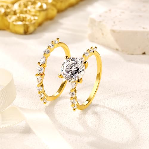 MDFUN 18K Gold Plated Two-in-One Heart/Round/Horse-eye Cubic Zirconia Engagement Promise Rings Eternity Wedding Band for Women2