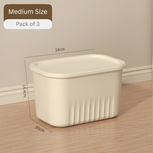 Image of HoopVool Multi Purpose Plastic Storage Bins Stackable Organizer Boxes with Lids, Stackable Crates for Home & Kitchen, items like books, clothes, snacks, toys. (Pack of 3, Medium - 24 X 16 X 14.5 CM)