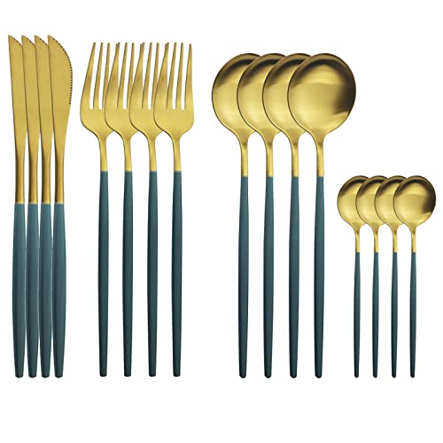 Juego De Cubiertos De 16 Piezas, Cuchillo, Tenedor, Cucharas De Café, Juego De Vajilla, Vajilla De Acero Inoxidable,Oro Verde