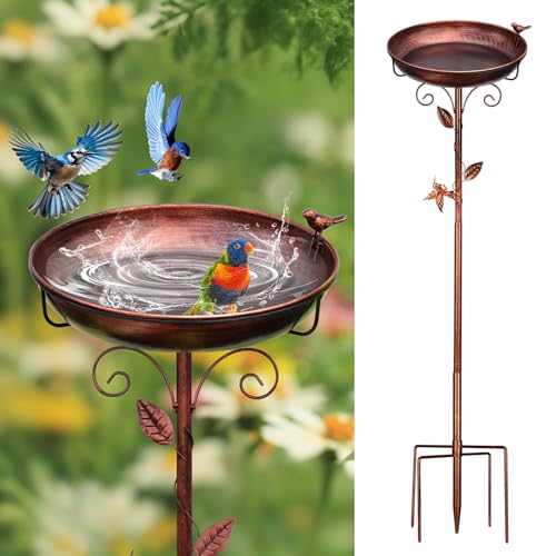 GRECOMEIN Metal Bird Bath for Outside with 2 Bird Decor, Hummingbird on Pole & Sparrow on Bowl, 38.5 Inch Height Garden Birdbath, 12 Inch Antique Bronze Freestanding Birdfeeder Bath for Yard Patio