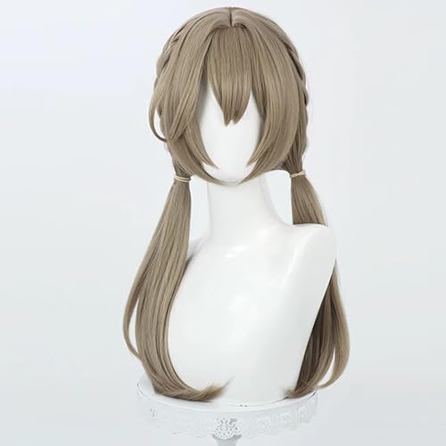 Image of Anime /Game Brown Green Wigs with Bangs Long Straight Wig with Braid Ponytail Adult COS Mahjong Sparrow Role Cosplay Wigs Halloween,Christmas,Comic con,Game Show,Party