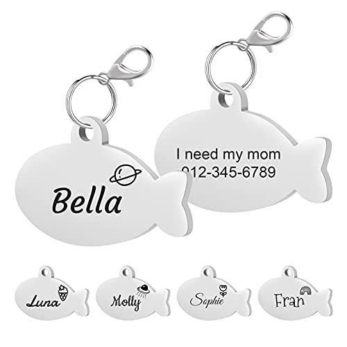 Fancyqube Customized Pet ID Tag, Engraved Cat Collar Tags, Stainless Steel Cat Name Tag, Engraved on Both Sides, Custom Text with Cute Pattern(Fish Shape Silver)