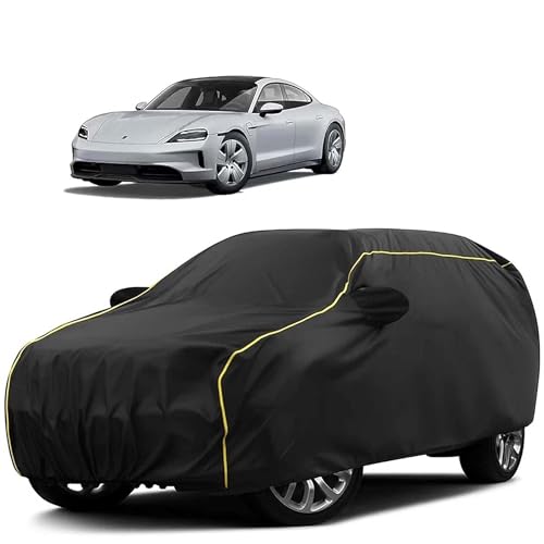Image of Sulfar 100% Water Resistant Car Body Cover Compatible with Mirror for Porsche Taycan (Triple Stitched, Full Bottom Elastic, Black Tafetta with Yellow Piping)