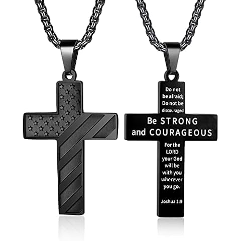ZRAY American Flag Cross Necklace for Men Stainless Steel Chain 24inch Bible Verse Pendant Patriotic Jewelry Inspirational Christian Gift for Men(B-BE STRONG02) Cover