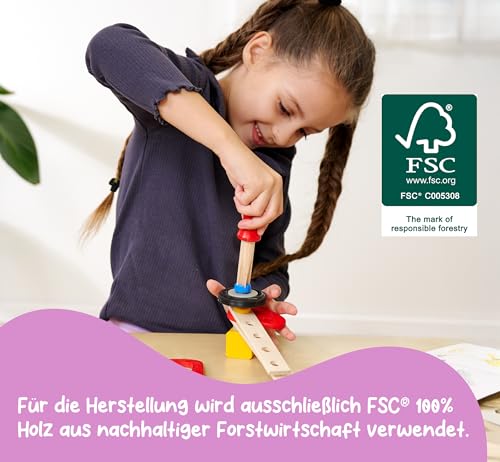 Eichhorn 100039085 - Constructor Feuerwehrauto, 155 TLG., Holz-Konstruktions-Set, 3 Verschiedene Modelvarianten baubar, FSC 100% Zertifiziertes Buchenholz, Made in Germany