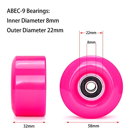 Tobwolf 8 Pack 58Mm X 32Mm, 82A In/Outdoor Quad Skating Wheels With Abec-9 Bearings, Highly Rebound Durable Polyurethane Wheels For Double-Row Roller Skating & Skateboard - Hot Pink #TOP6