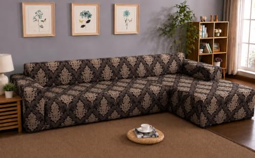 Image of Gifts Island Premium 160GSM Super Soft Brown Damask Stretchable Sofa Cover L Shape 6 Seater Fully Covered | Suitable for Both Left and Right Side Chaise Sofa (Brown Damask, 3+3 Seater)