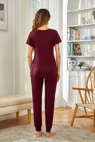 Ekouaer Womens Lounge Pants Set Soft Pajama Short Sleeve 2 Piece Jogger Lounge Sets Wine Red M #TOP3