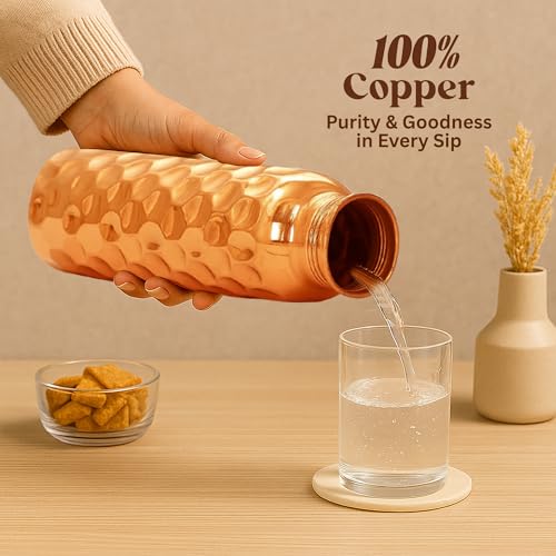 Image of Metallix Copper Water Bottle 1 Ltr | Copper Bottle for Men & Women | 100% Pure Copper | BPA Free & Leak Proof | Easy to Carry | Suitable for Yoga, School & Office (Daimond Hammered)