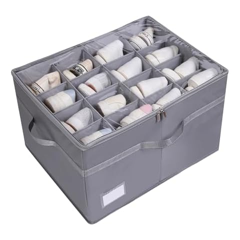 LUFOFOX Shoe Organizer for Closet, Fabric Large shoe storage boxes Fit 16 Pairs, Foldable Shoe Bins with Handles and Clear Cover, Adjustable Dividers for Shoe Storage Container, Grey Cover
