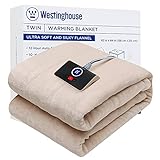 Westinghouse Electric Blanket Twin Size 62'x84' Heated Throw Soft Silky Microplush Flannel Heating Blanket, 10 Heat Settings & 12 Hours Auto Off, Machine Washable, Beige
