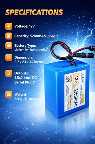 Image of HKN 12V 5200mAh Rechargeable Lithium-ion Battery Pack with DC 5.5mm Male & Female Connector | Built-in BMS | use in Mini ups CCTV, LED Lights, Wi-Fi Router, DIY Projects
