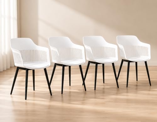 Image of Creative White Plastic Dining Chairs Set of 4 | Armrest Spindle Back Design | Plastic Shell and Legs | 1.47 Feet Seat Height | Dining Kitchen Cafe Restaurant Living Room Home Use
