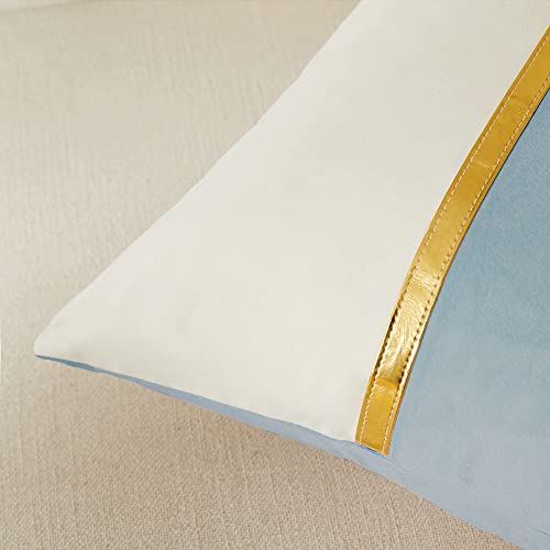 Fancy Homi 2 Packs Light Blue Decorative Throw Pillow Covers 18X18 Inch For Couch Bed, Baby Blue And White Velvet Patchwork With Gold Leather, Luxury Home Decor Square Cushion 45X45 Cm #TOP3