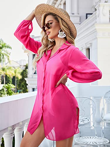 Shein Women's Mesh Button Down Shirt Tops Sheer Long Sleeve Drop Shoulder Blouse Cover Up (Small, Hot Pink) #TOP4