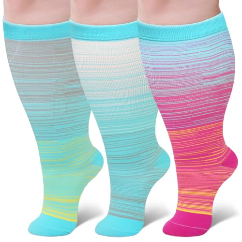 Image of 3 Pairs Plus Size Compression Socks: Wide calf Compression Stockings for Men Women - Extra Large 20-30 mmHg Compression Hose Support for Travel Nurses Running Pregnancy