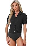 Allegra K Damen Leotard Shirt mit Knopfleiste, kurzärmelig, Kragen, Business, Arbeit, Bodysuit Tops, Schwarz, S
