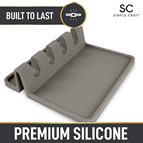 Simple Craft Silicone Spoon Rest with Drip Pad - 4 Slotted Spoon Rest For Kitchen Utensils, Tongs, Ladles - Heat Resistant Spoon Holder For Stove Top, Countertops, & Tables (Gray)