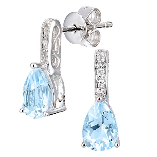 Image of Naava Women's 9ct White Gold Diamond and Blue Topaz Gemstone Teardrop Cut Drop Earrings