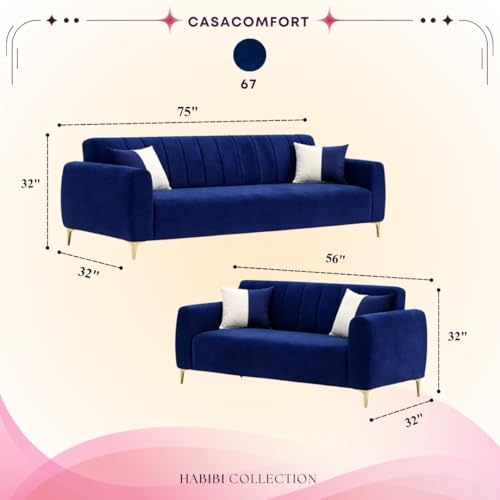 Image of Habibi Rich Velvet Suede 3+2 Seater Sofa Set | Spacious Soft Touch Comfort Seating | 5 Person Seating | Modern Living Room Sofa Set (Dark Blue)
