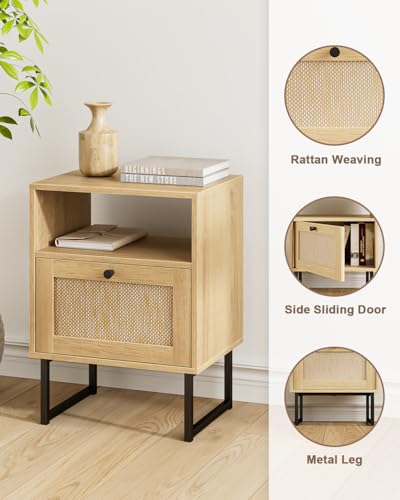 Image of Rattan Nightstand, Mid Century Modern Night Stand,Boho Farmhouse Wood Bedside Table with Storage and Open Shelf, End Side Accent Table for Bedroom,Living Room,Oak