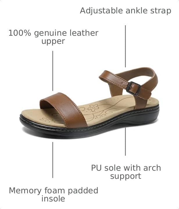 Image of Women's Classic Flat Sandals Leather Open Toes Memory Foam One Band Ankle Strap Adjustable Slip On Shoes