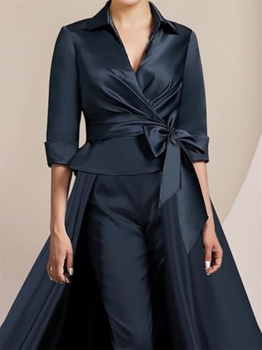 3 Pieces Jumpsuit Elegant Mother of The Bride Dress for Wedding Satin 3/4 Sleeve Wedding Guest Dresses with Bow4