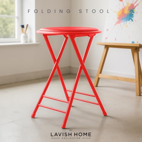 Image of Lavish Home Folding Stool with Padded Backless Seat, Red, 24 Inch | Counter Height Bar Stools with 225lb Capacity, Portable Indoor & Outdoor, Extra Seat for Kitchen, Rec Room or Camping