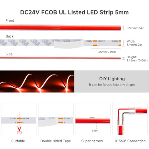 Image of BTF-LIGHTING FCOB COB LED Strip Red Color 5mm Width UL Listed Super Narrow Flexible Uniform Light DC24V 16.4FT CRI 90+ Dimmable LED Ribbon for Bedroom Home Indoor Decor(No Adapter or Controller)
