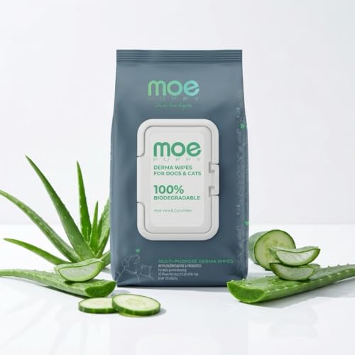 Image of Moe Puppy Derma Wipes for Dogs & Cats | 100 Wipes (Pack of 2) | Biodegradable Pet Wipes | Chlorhexidine & Probiotics | Anti-Itch, Antibacterial | Aloe Vera & Cucumber | Daily Cleaning