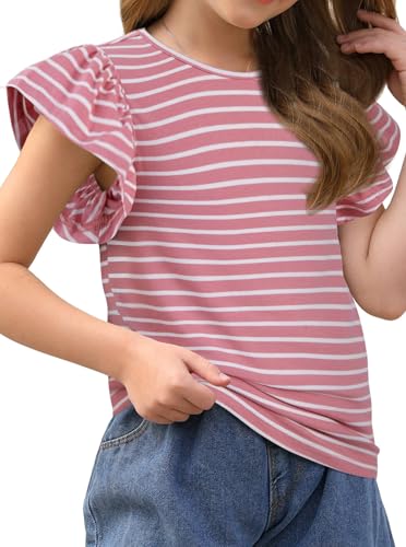 Image of Girls Striped Shirt Flutter Sleeve Top Crewneck Cute Summer T Shirts Casual Tees Pink Stripe 11-12Y