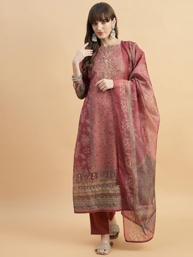 Image of SheWill Kurta Sets for Women - Red Rayon Aari Hand Work with Digital Floral Print Kurta with Pant and Chanderi Dupatta |Stylish Printed Summer Kurti Set