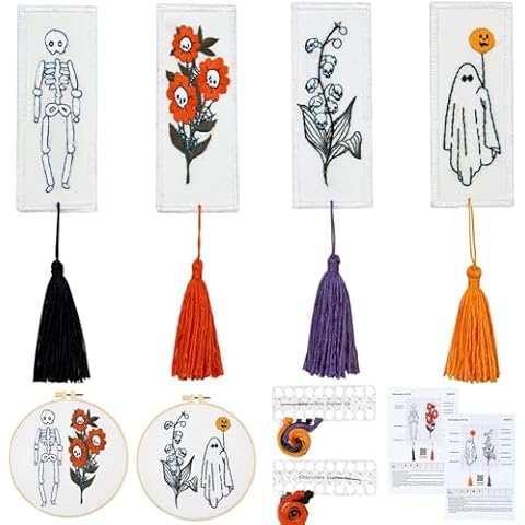 Halloween Embroidery Bookmark Kits, Gothic Skull Hand Embroidery Starter Kit for Beginners Adults, Stamped Cross Stitch Bookmark Kits for Beginners Adults, 1 Embroidery Hoops (Attached Video Tutorial) Cover