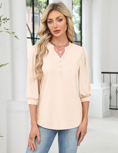 Rapbin 3/4 Length Sleeve Womens Tops 2025 Summer Fall Henley V Neck Button Down Tunic Shirts Casual Business Blouses4