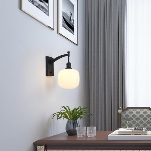 Image of Pathson Milk White Glass Wall Sconce with Switch, Hardwired Wall Vanity Light, Mid-Century Vintage Wall Lamp Fixture or Living Room Farmhouse Bathroom Bedside Lighting