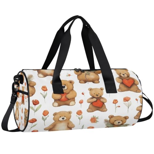 Teddy Bear Round Barrel Sports Fitness Bag, Teddy Bear Heart Travel Luggage Bag, Reusable Handbag, Suitable For Men and Women