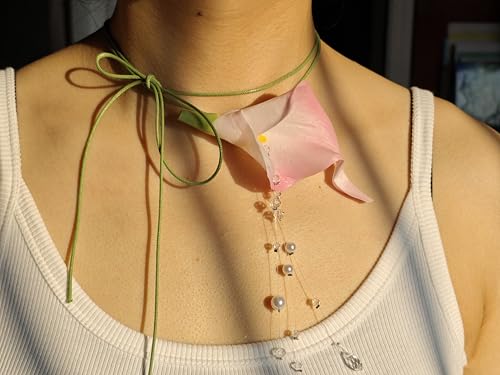 Lily flowers calla Summer Holiday Necklace Water Drop Pearls Crystal Green waxed cord Choker For Women3