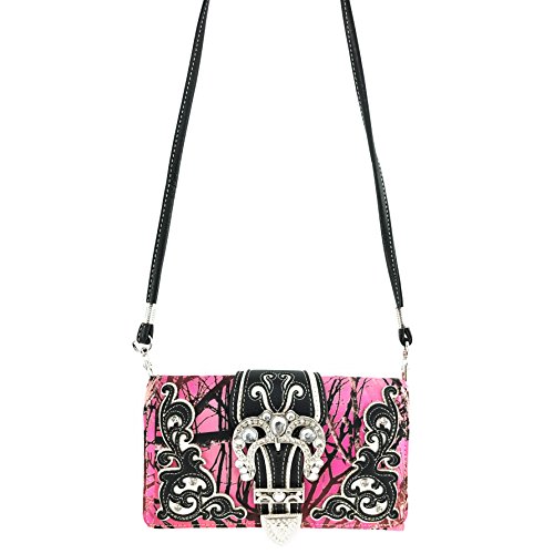 Justin West Camouflage Tree Branches Bling Rhinestone Cross Wings Buckle Crossbody Chain Messenger And Purse (Buckle Pink Handbag Wallet Set) #TOP6