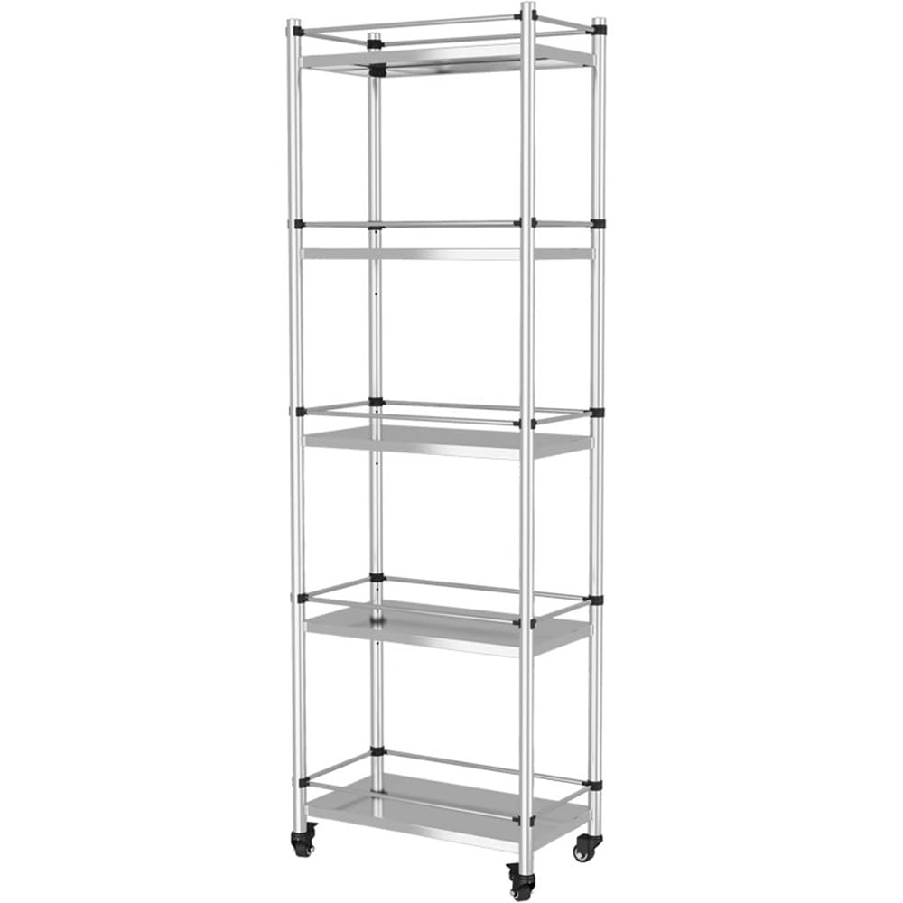 LJYKBFL Sturdy 5-Tier Stainless Steel Kitchen Rack on Wheels Space-Saving PotDecorative Metal Shelf for Home & Restaurant Storage (50x32x150 cm)