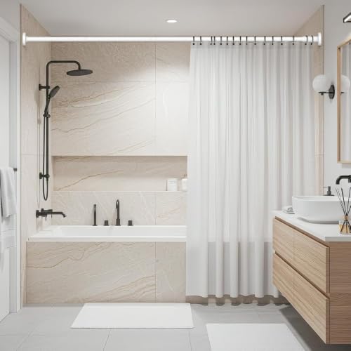 Image of JD FRESH 155 to 295 Cm Extendable Curtain Rod Holder Non-Drilling /Anti-Skid Spring Pull Rod /Stainless Steel Rust Proof Shower Curtain Rod /Window Curtain Rod / (White)