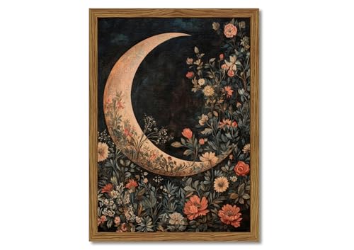 Vintage Floral and Moon Wall Art, Dark Flower Wall Decor Paintings, 3D Texture Hand Drawn Sandstone William Morris Cottagecore Artwork for Bedroom Living Room 16x12 inch Wood Framed
