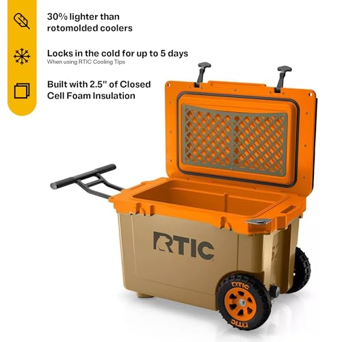 Image of RTIC 52 Quart Ultra-Light Wheeled Hard Cooler Insulated Portable Ice Chest Box for Beach, Drink, Beverage, Camping, Picnic, Fishing, Boat, Barbecue, 30% Lighter Than Rotomolded Coolers