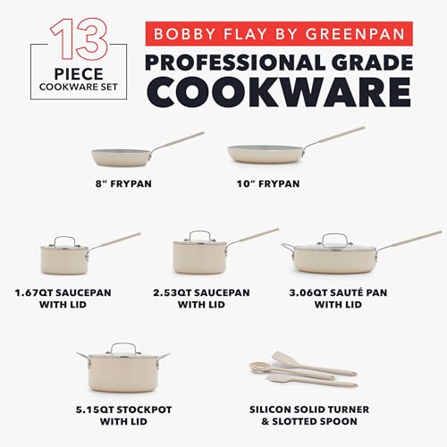 GreenPan x Bobby Flay 13 Piece Nonstick Cookware Pots and Pans Set, PFAS-Free Diamond Ceramic, Induction Suitable, Easy Clean Dishwasher & Oven Safe, Stay-Cool Silicone Handles, Glass Lids, Cream - Image 5
