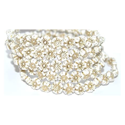 150 pcs Hawaii Flower Pressed Glass Beads, White 54202 (2010 54202), Glass, Czech Republic, Size 10 mm (0.39 in) Cover