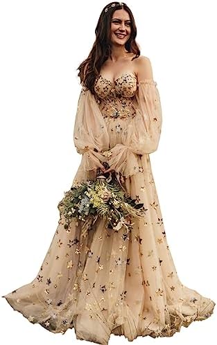 Ayervici Women's Sparkle Star Prom Dress A Line Sweetheart Long Puff Sleeves Corset Bodice High Slit Formal Wedding Dresses Champagne