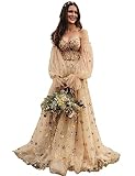 Ayervici Women's Sparkle Star Prom Dress A Line Sweetheart Long Puff Sleeves Corset Bodice High Slit